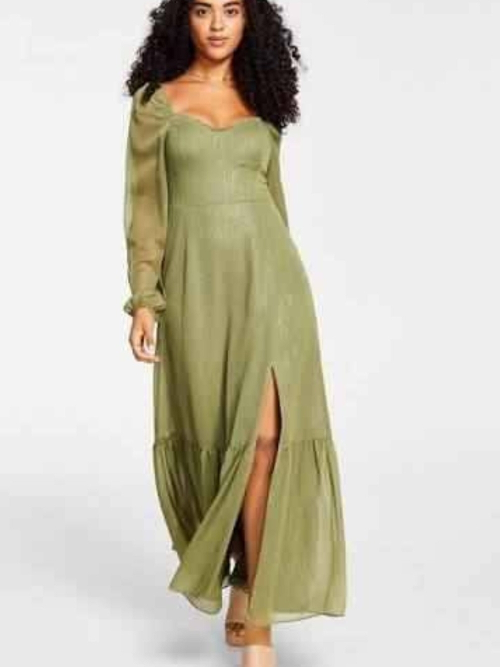 Bar III Olive Green Long Sleeve Maxi Dress with Front Slit